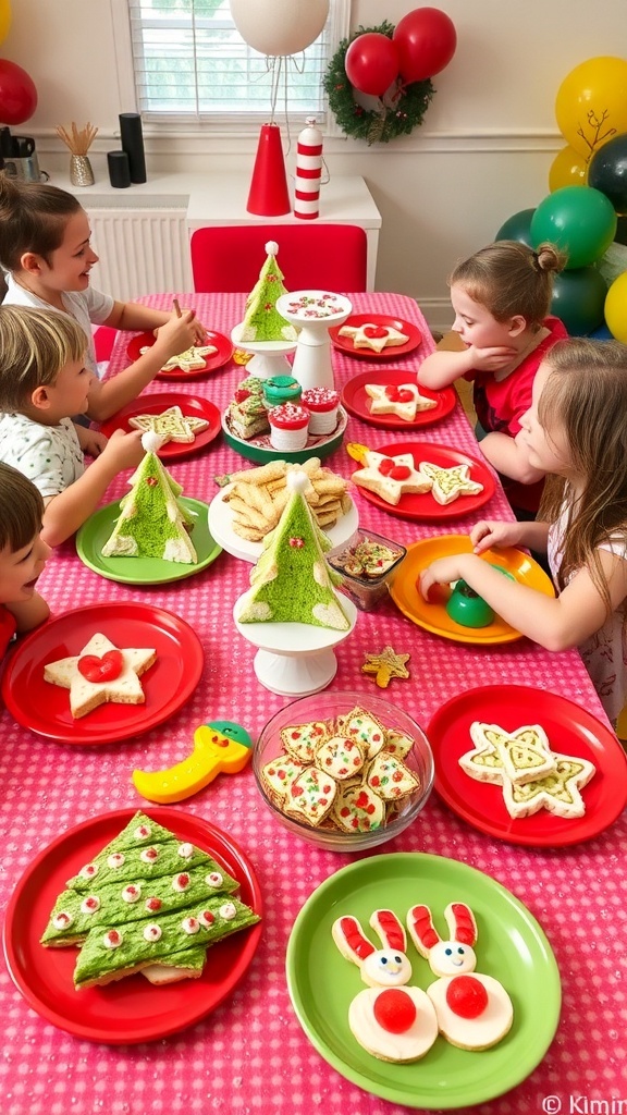 A vibrant display of kid-friendly Christmas party food including sandwiches, fruit skewers, and decorated cookies.